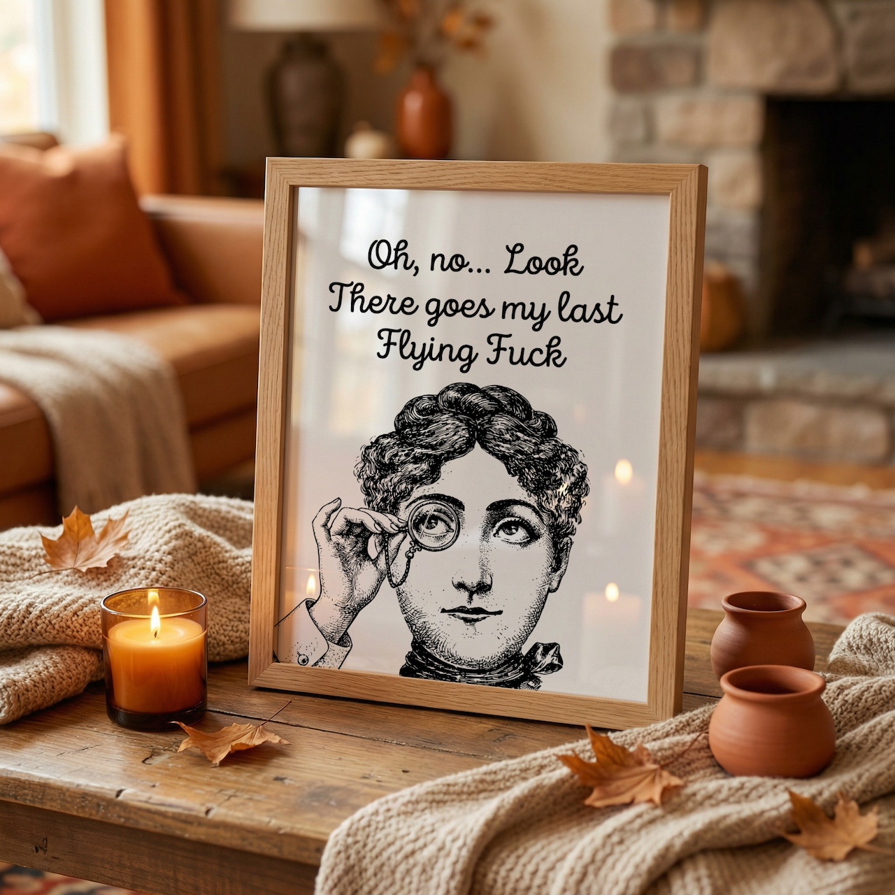 Oak poster frame mockup with vintage portrait in warm interior setting