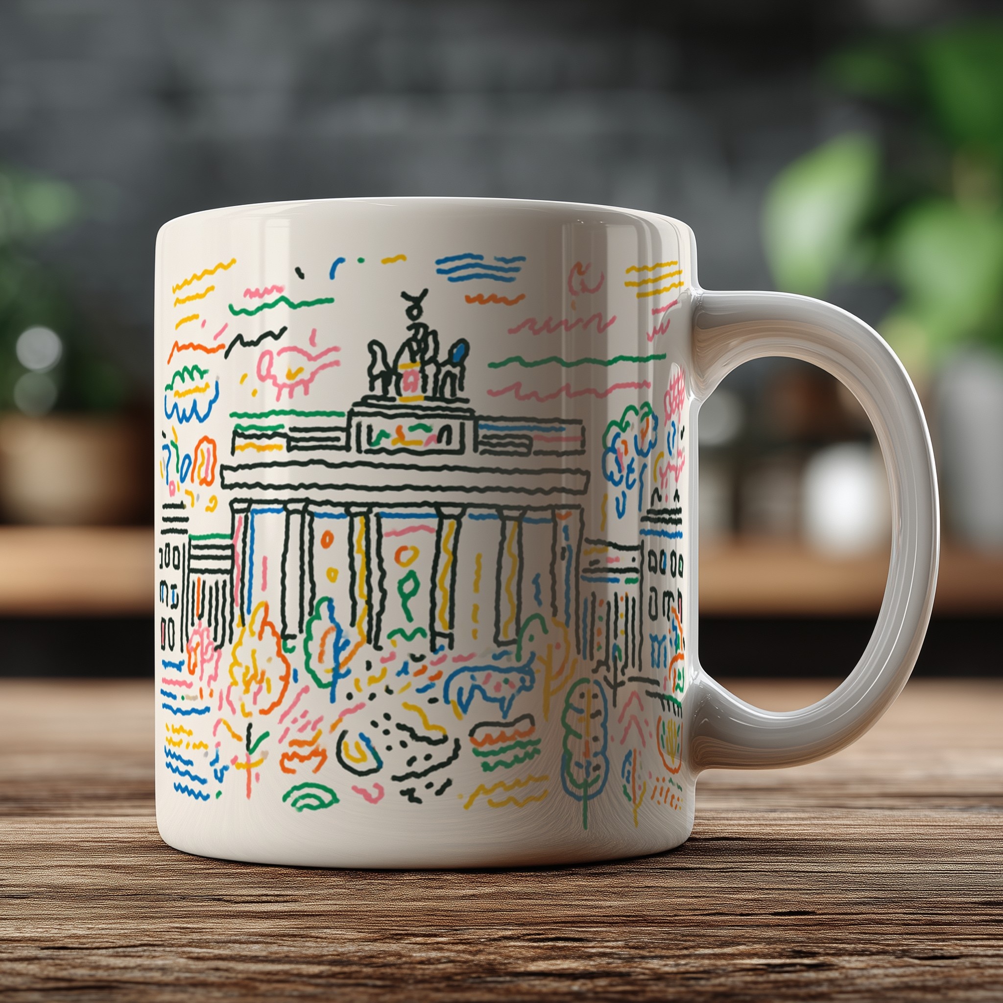 White mug with custom design close-up in kitchen — mockup example