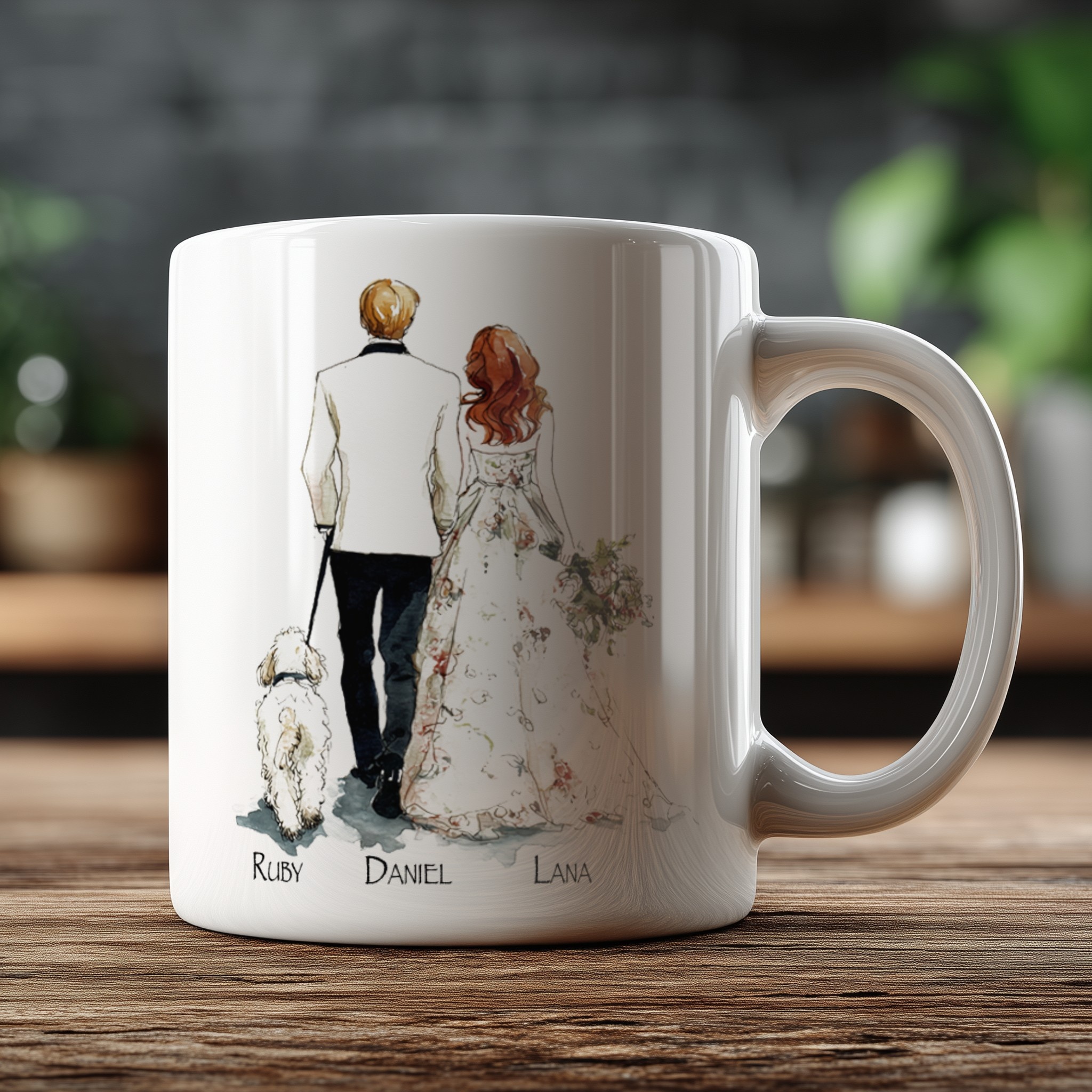 White coffee mug with print design, kitchen close-up — Scaylr mockup