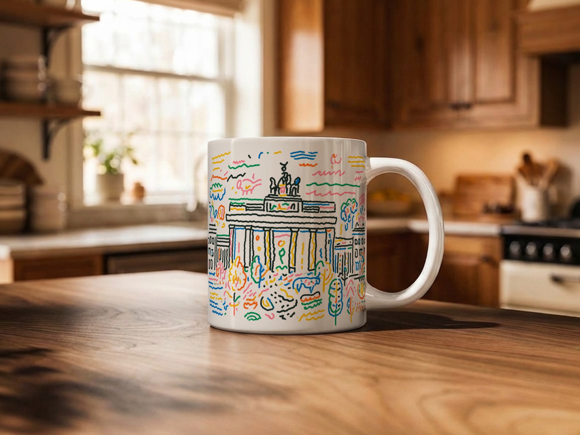 White mug mockup with illustrated pattern design in kitchen