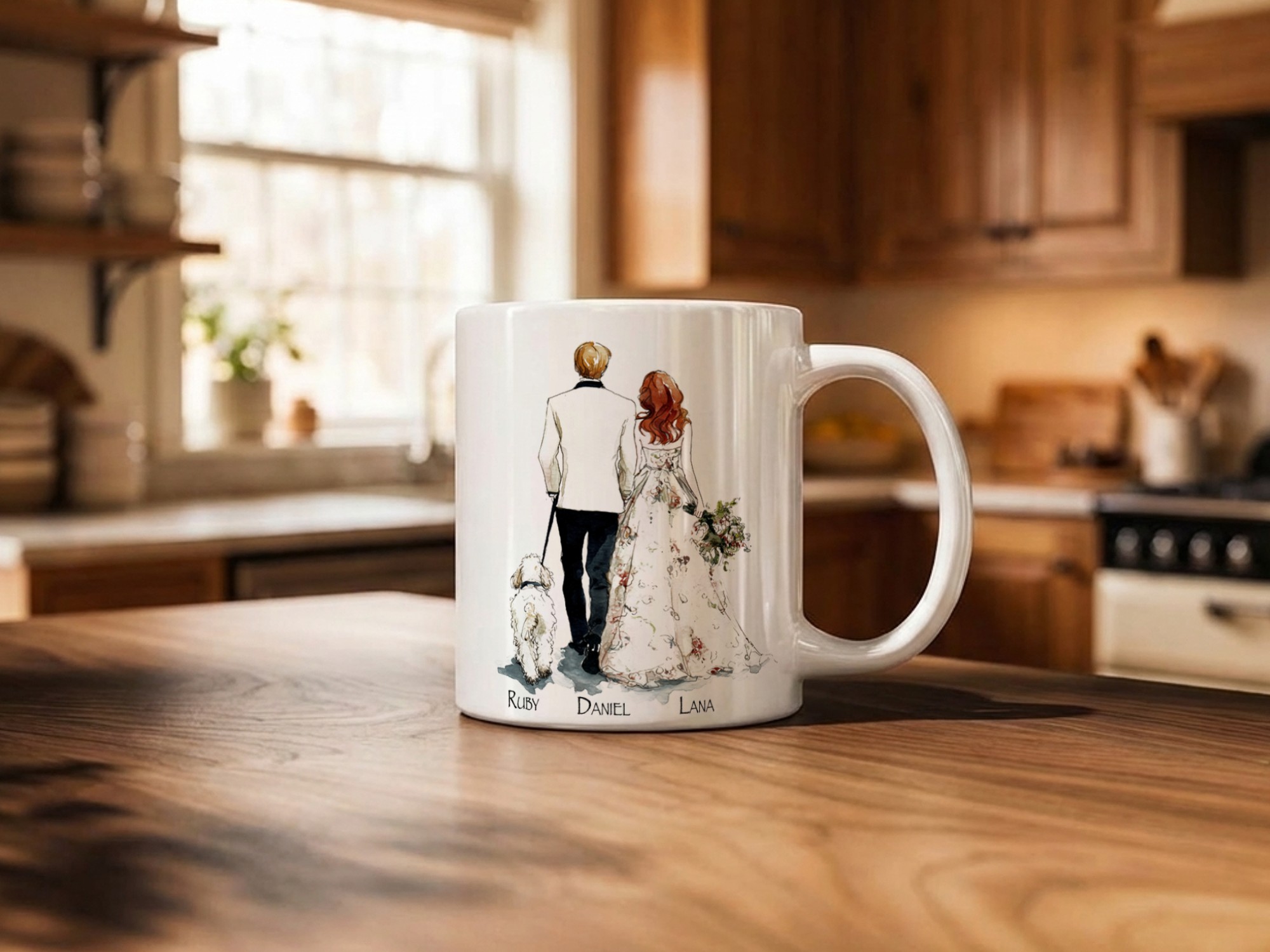 White mug mockup with bold graphic design in kitchen
