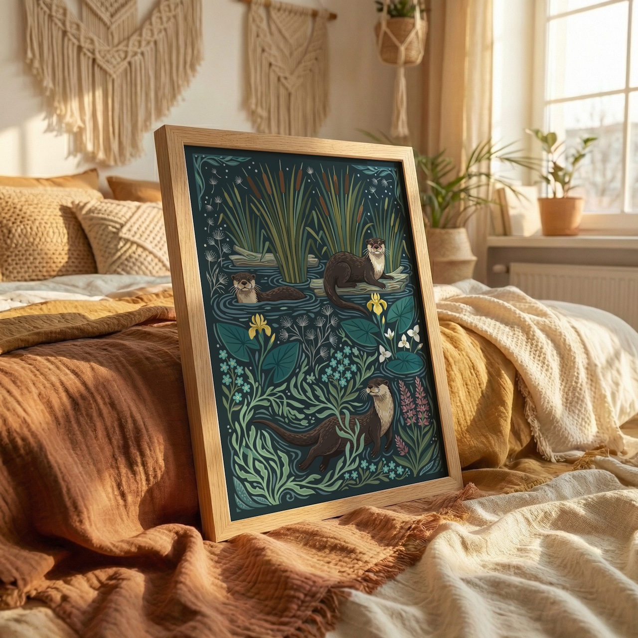 Oak frame mockup with otter illustration in boho bedroom