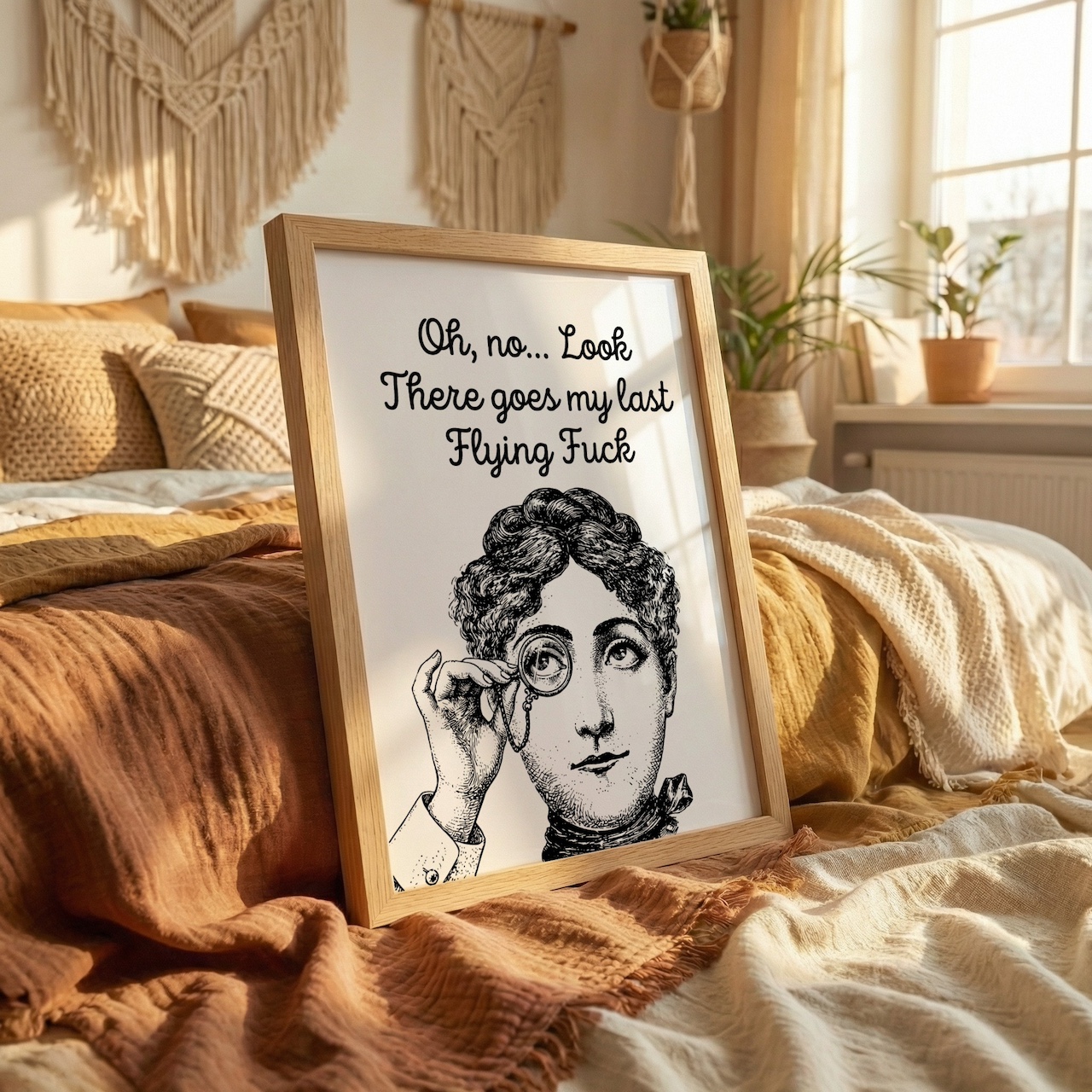 Oak frame mockup with vintage portrait in boho bedroom