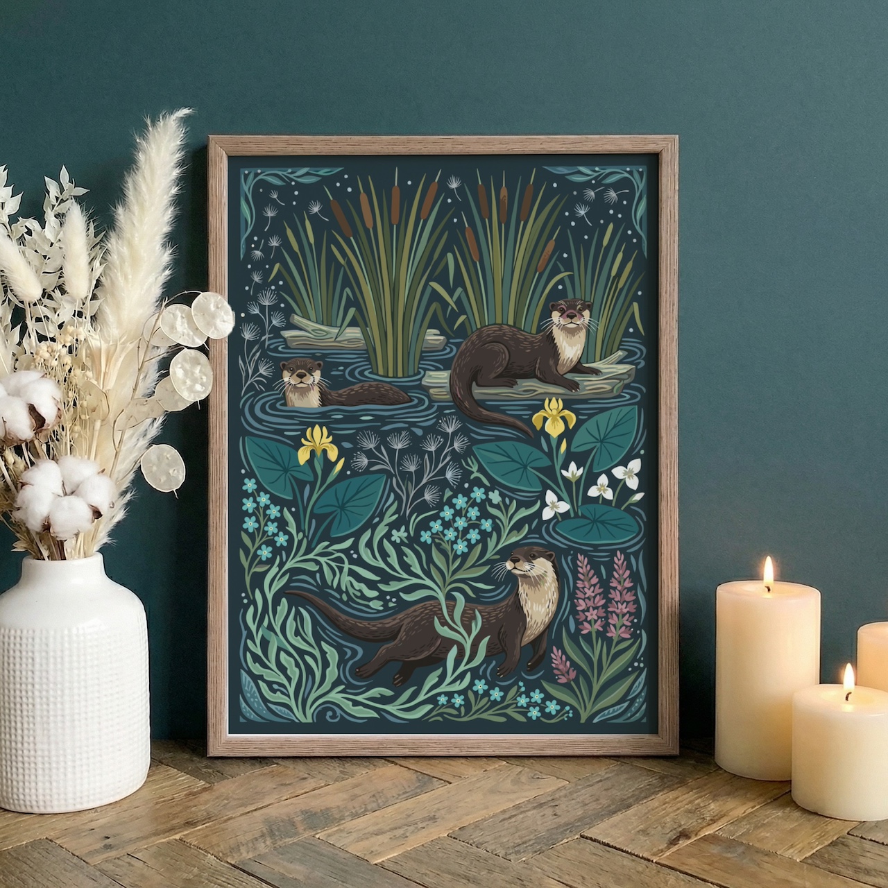 Oak frame mockup with otter illustration on green wall