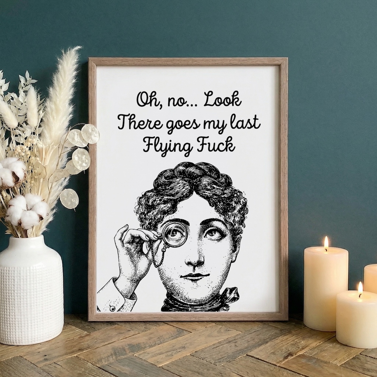 Oak frame mockup with vintage portrait on green wall