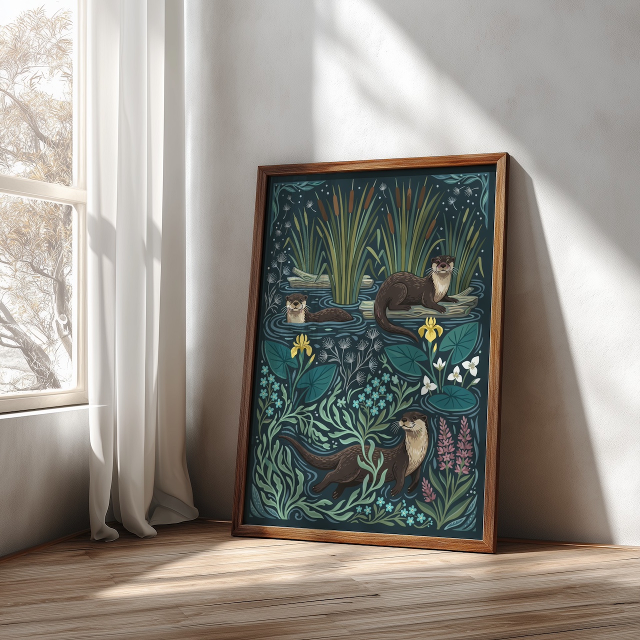 Dark wood frame mockup with otter illustration by window