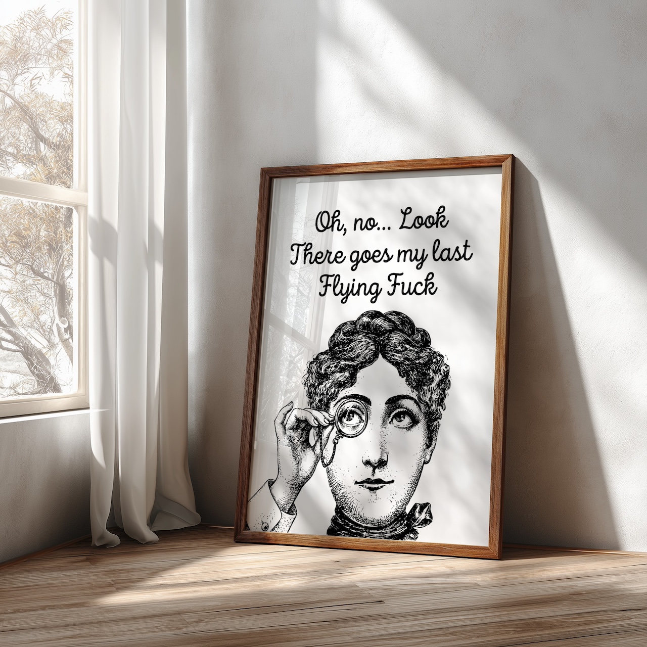 Dark wood frame mockup with vintage portrait by window