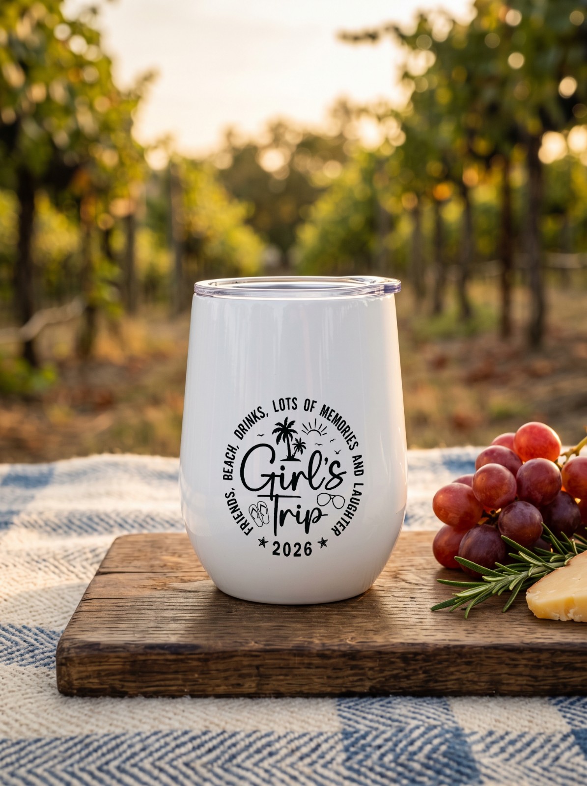 12 oz Wine Tumbler at a Vineyard Picnic showing a Girls Trip 2026 design