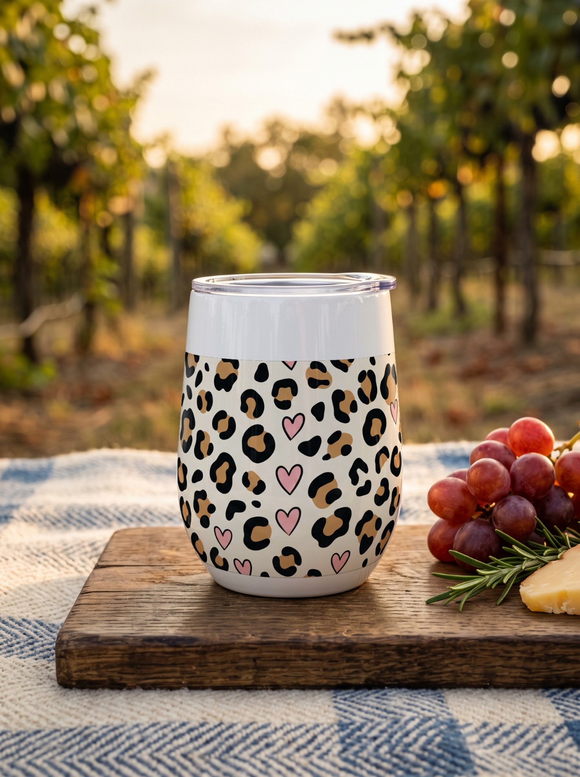 12 oz Wine Tumbler at a Vineyard Picnic showing a leopard print wrap with hearts