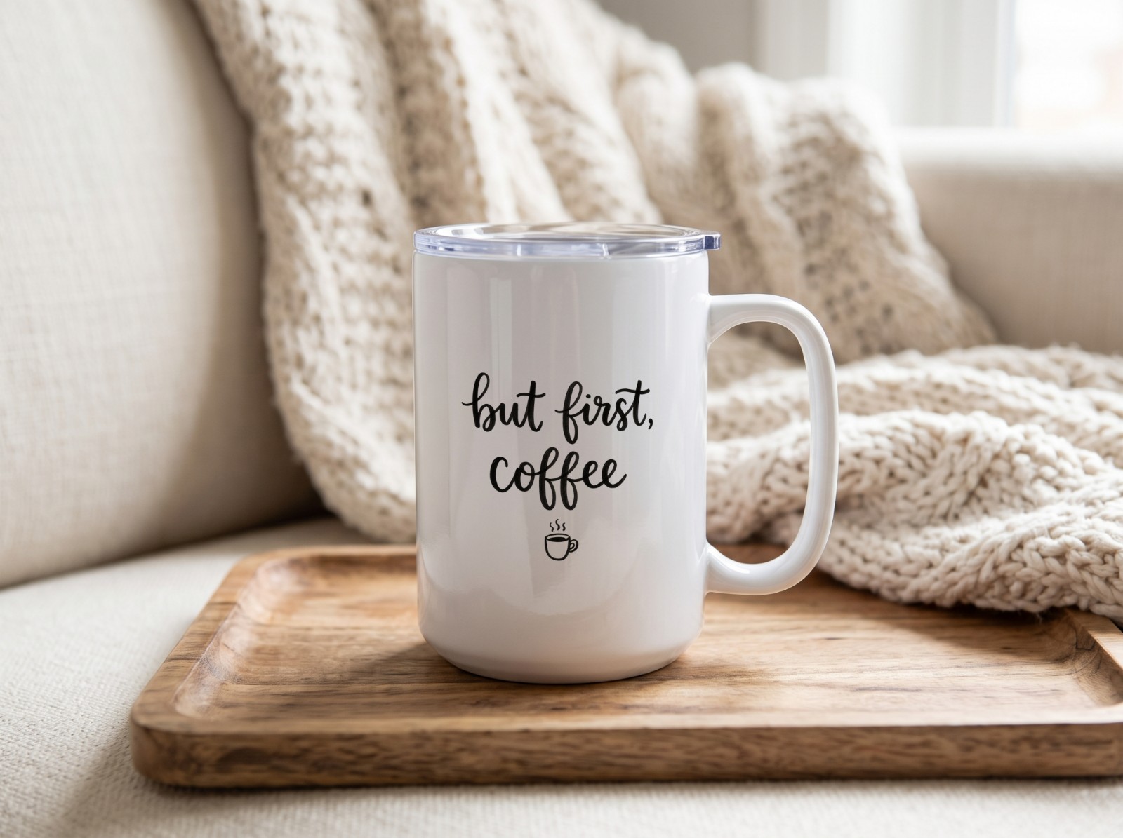 15 oz Mug Tumbler with Handle on a Cosy Sofa Tray showing a But First Coffee lettering design