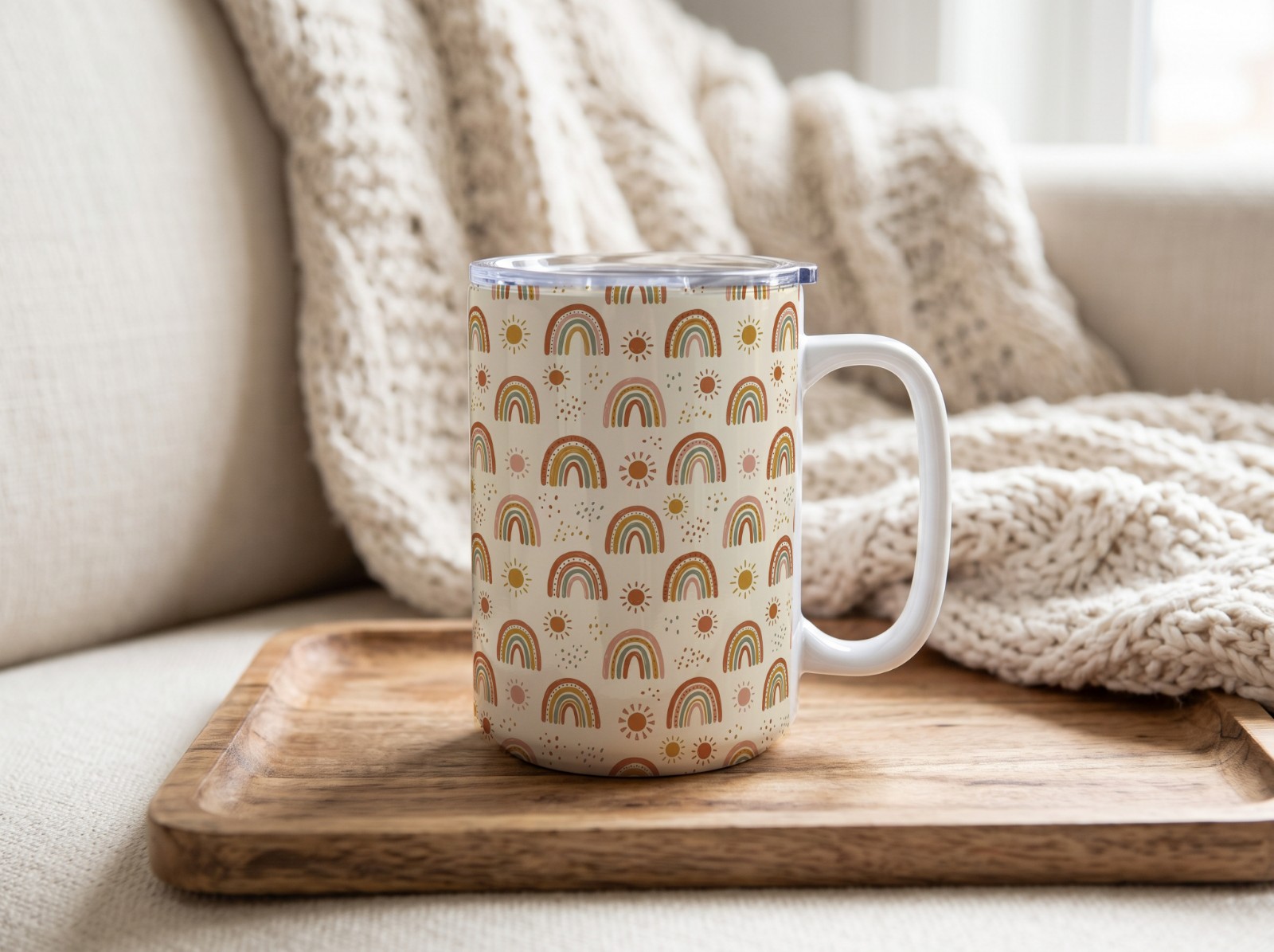 15 oz Mug Tumbler with Handle on a Cosy Sofa Tray showing a boho rainbow pattern