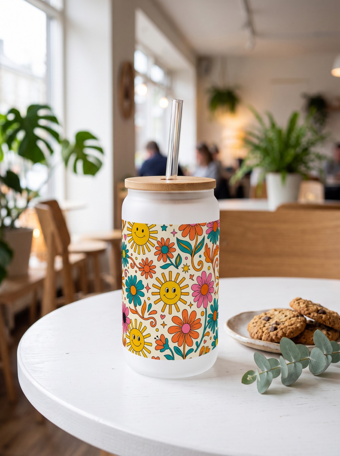 16 oz Frosted Glass Can Mockup with Bamboo Lid in a Café example