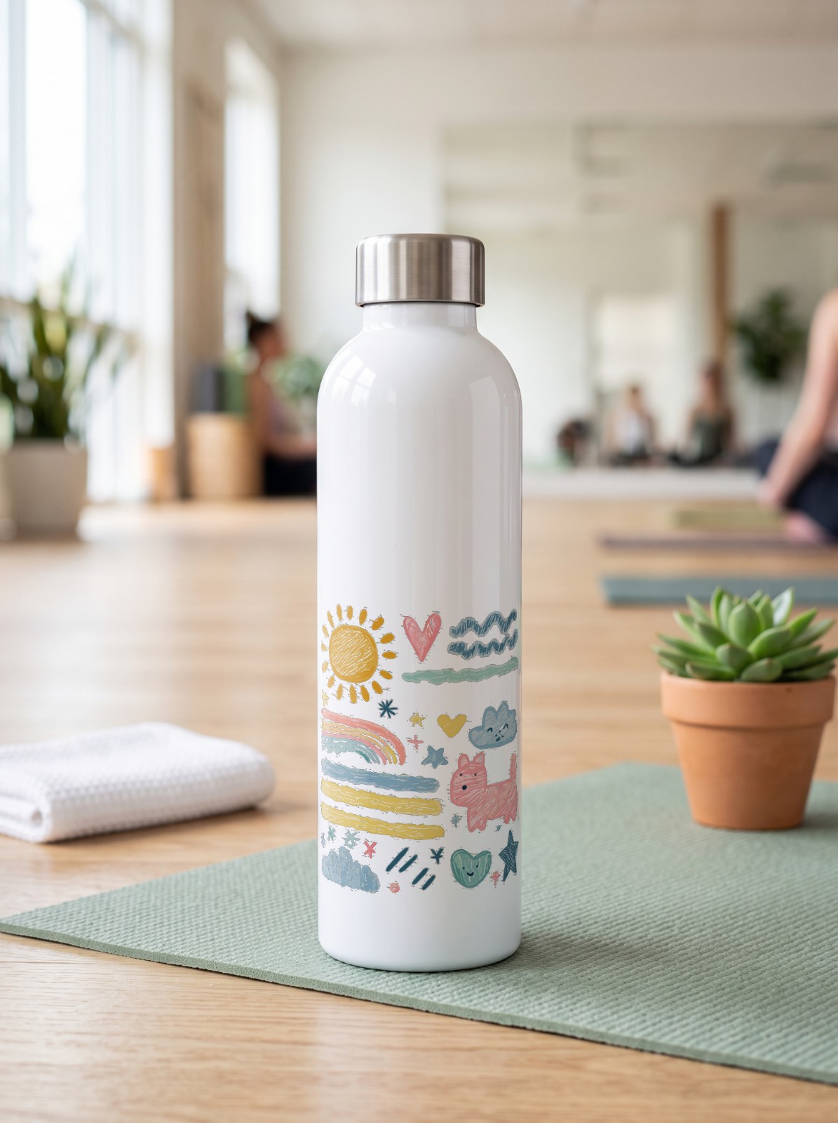 17 oz Water Bottle in a Yoga Studio showing a crayon doodle design
