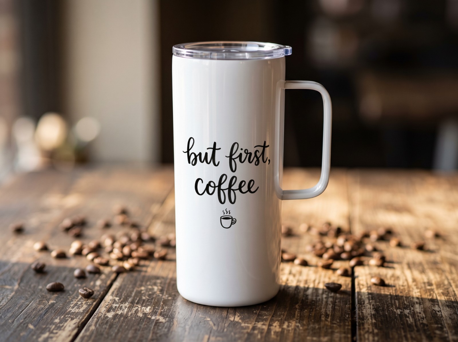 20 oz Mug Tumbler with Handle on a Rustic Cafe Table showing a But First Coffee lettering design