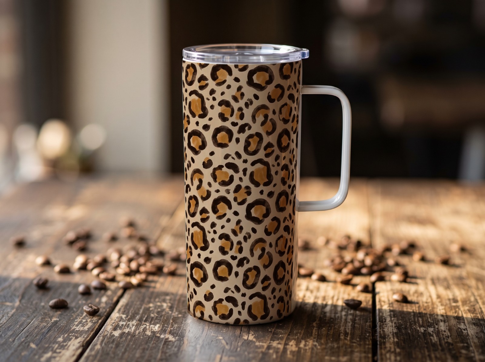 20 oz Mug Tumbler with Handle on a Rustic Cafe Table showing a neutral leopard print