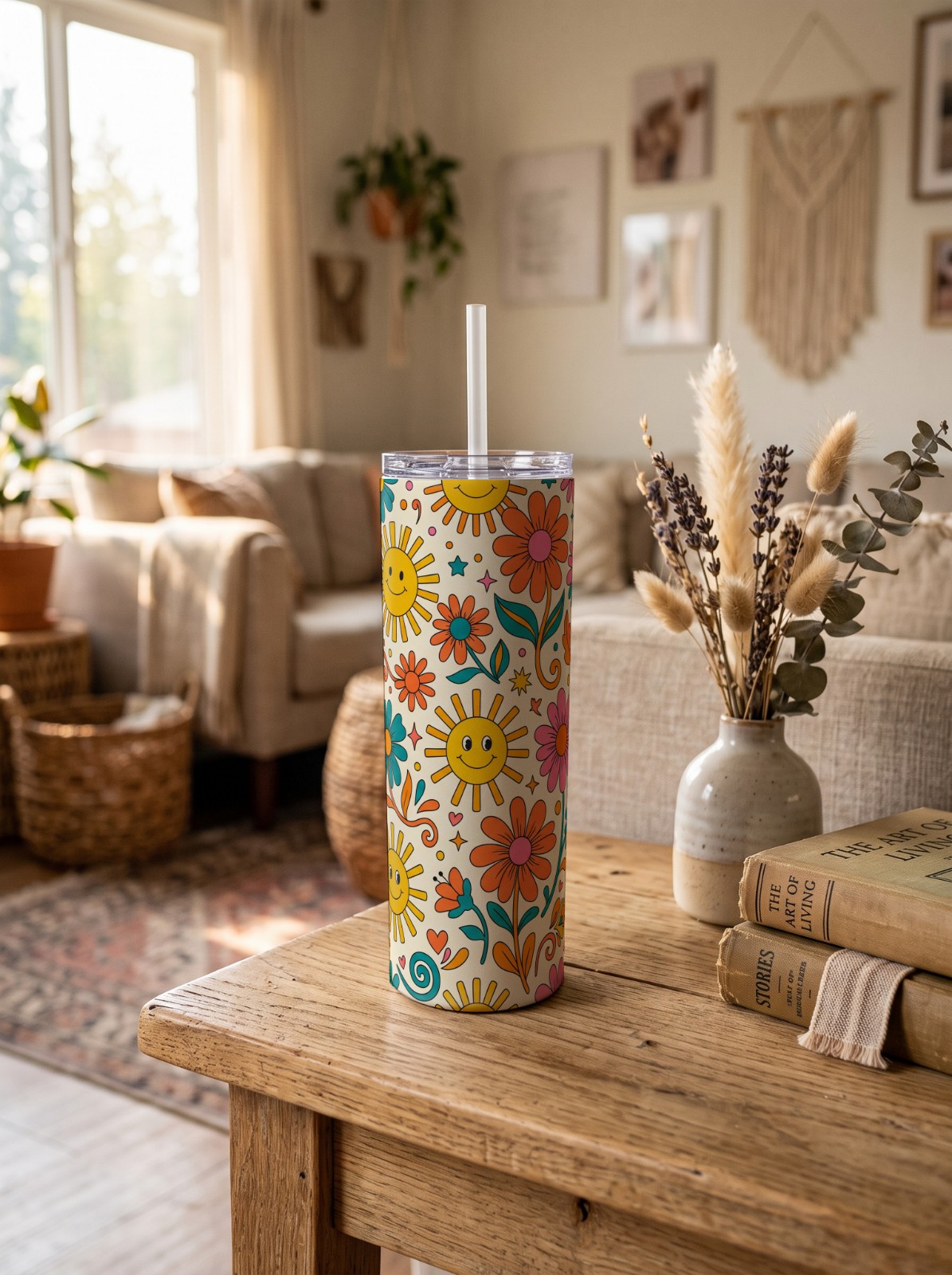 20 oz Skinny Tumbler Mockup on a Boho Side Table example