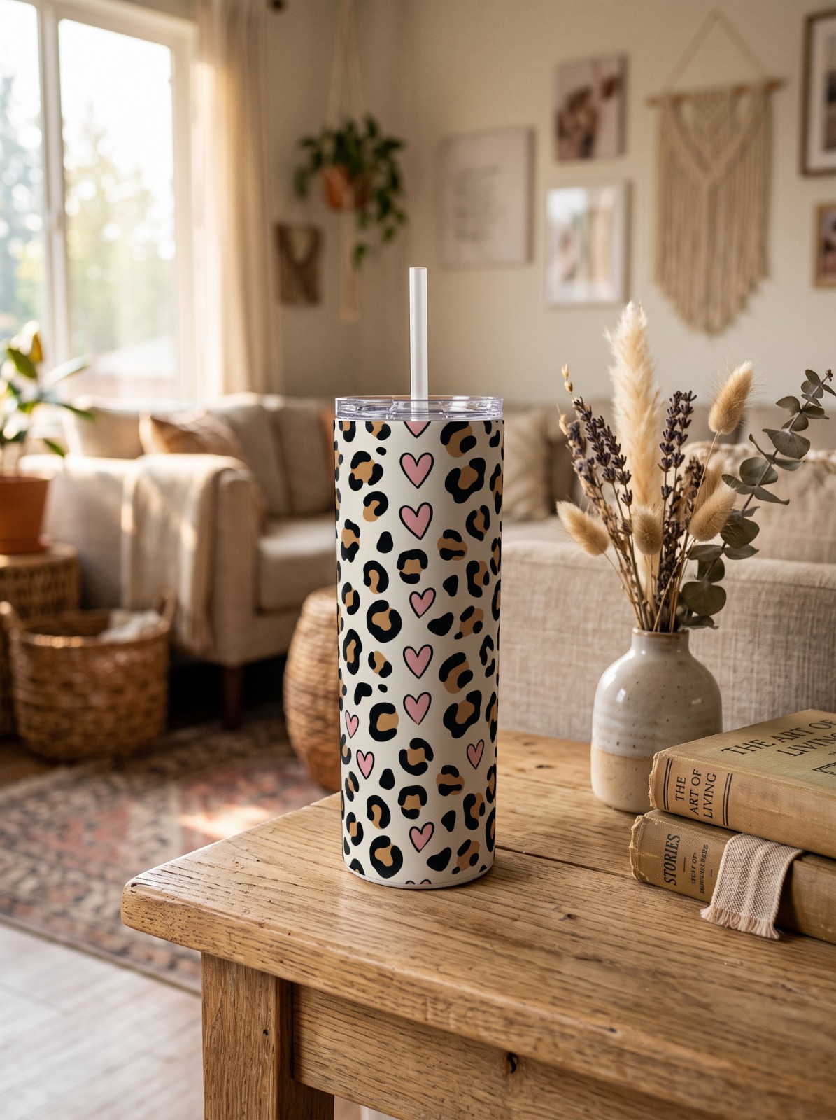 20 oz Skinny Tumbler on a Boho Side Table showing a leopard print wrap with hearts