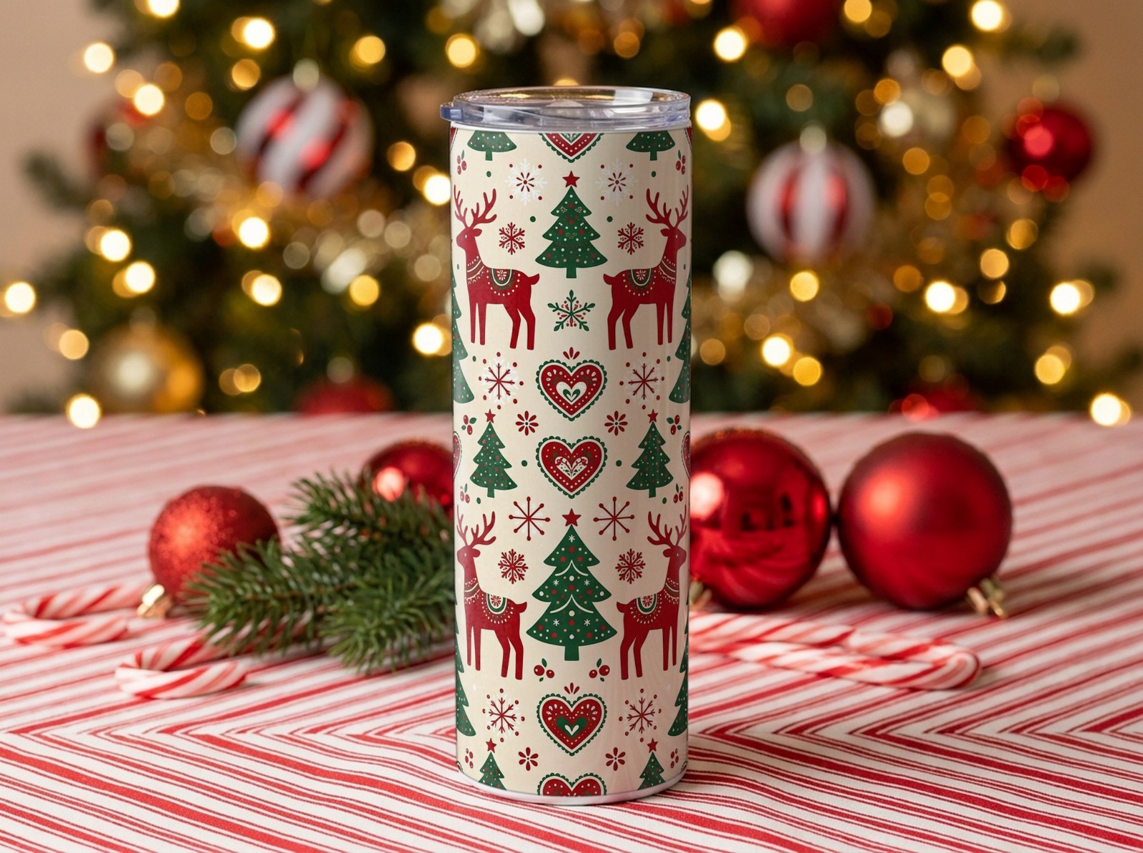 20 oz Skinny Tumbler Christmas Mockup on Candy Cane Stripes by the Tree example