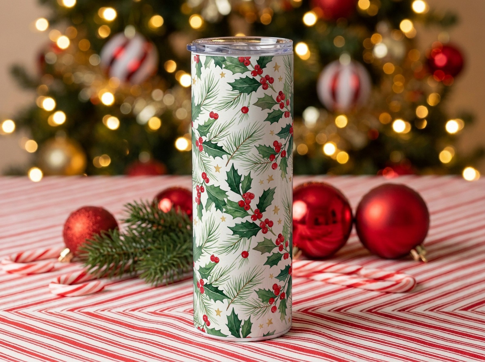 20 oz Skinny Tumbler Christmas on Candy Cane Stripes by the Tree showing a watercolour holly and pine pattern