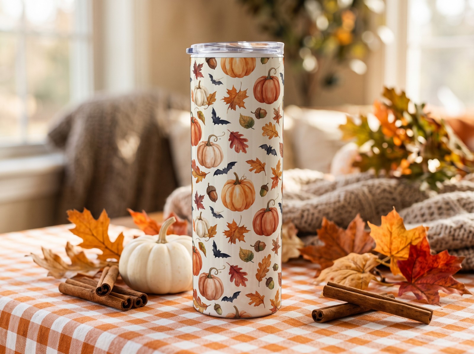 20 oz Skinny Tumbler Halloween Mockup on Orange Gingham with Autumn Leaves example