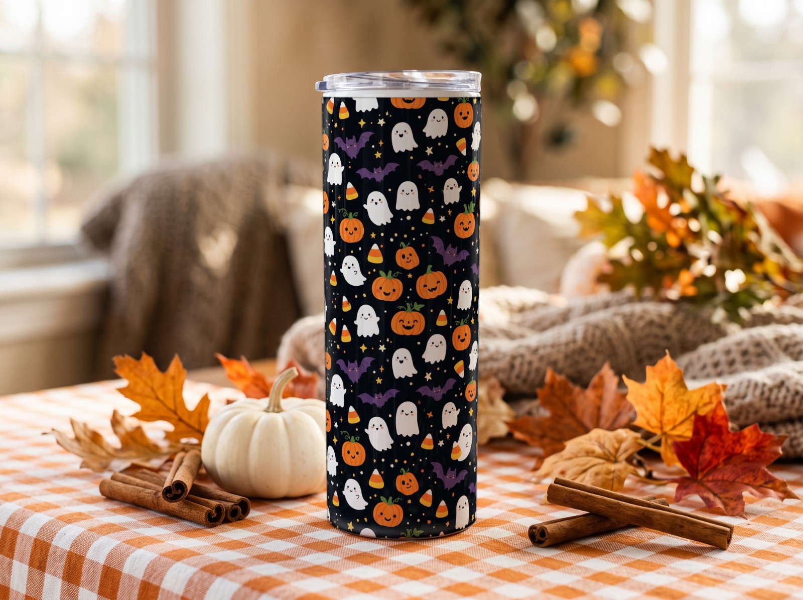 20 oz Skinny Tumbler Halloween on Orange Gingham with Autumn Leaves showing a cute ghost and pumpkin pattern