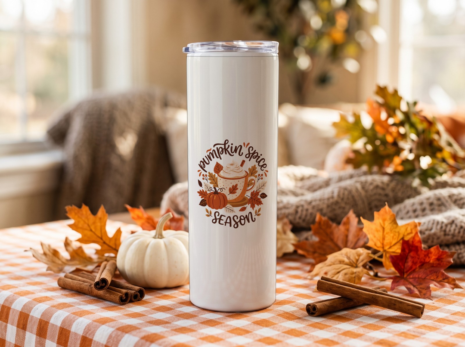 20 oz Skinny Tumbler Halloween on Orange Gingham with Autumn Leaves showing a Pumpkin Spice Season latte design