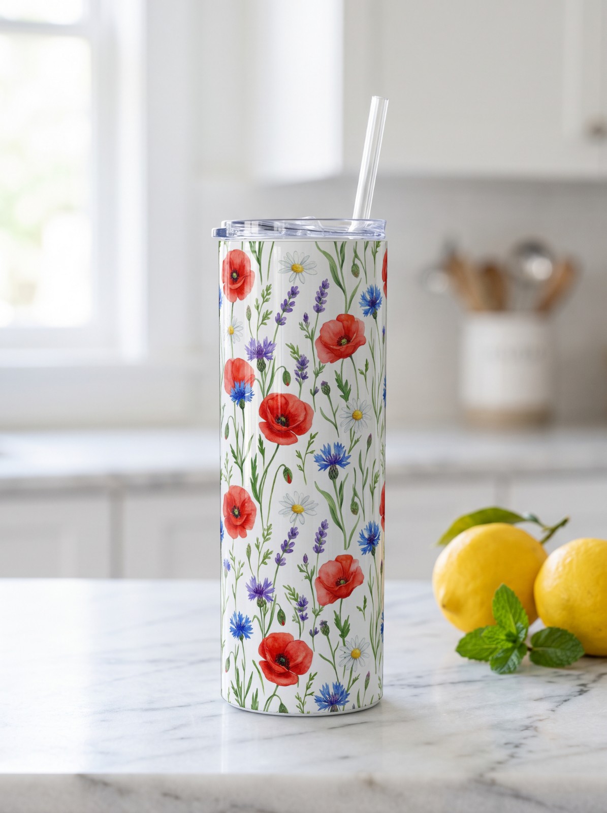 20 oz Skinny Tumbler Mockup on a Marble Kitchen Counter example