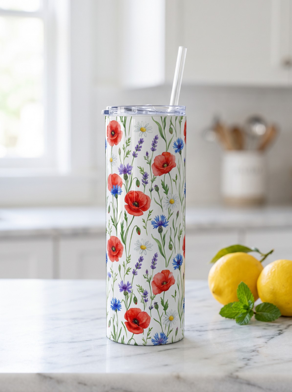 20 oz Skinny Tumbler Mockup on a Marble Kitchen Counter example