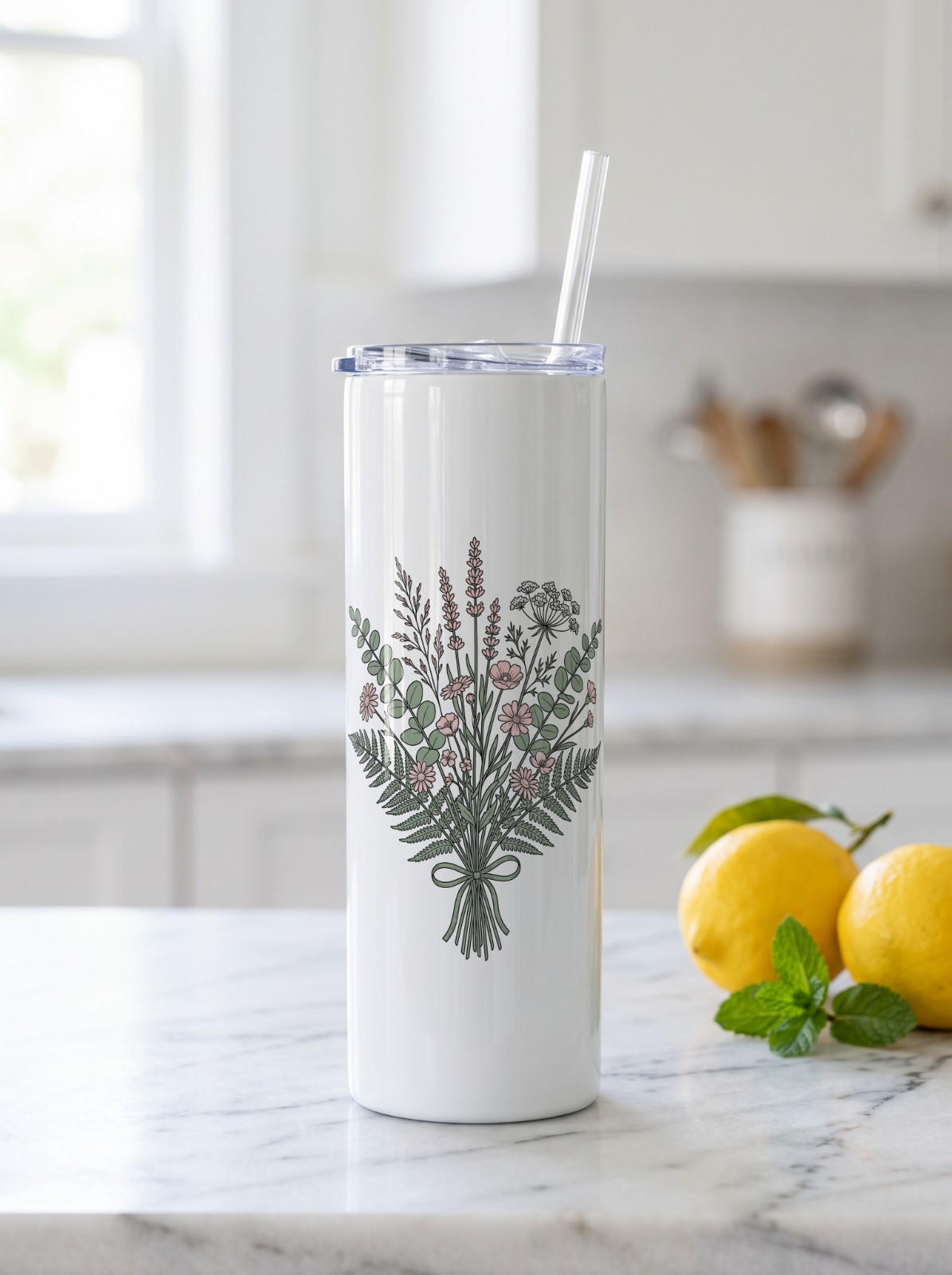 20 oz Skinny Tumbler on a Marble Kitchen Counter showing a botanical bouquet design