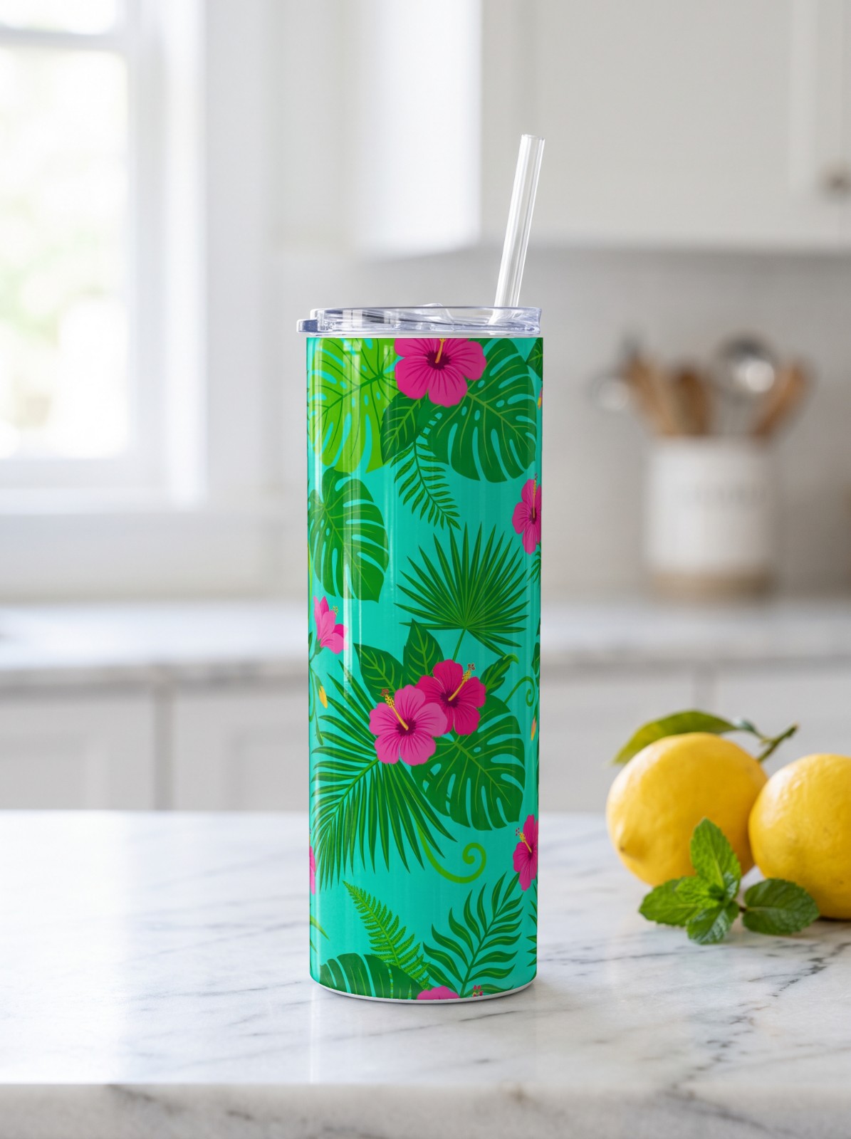 20 oz Skinny Tumbler on a Marble Kitchen Counter showing a tropical hibiscus wrap