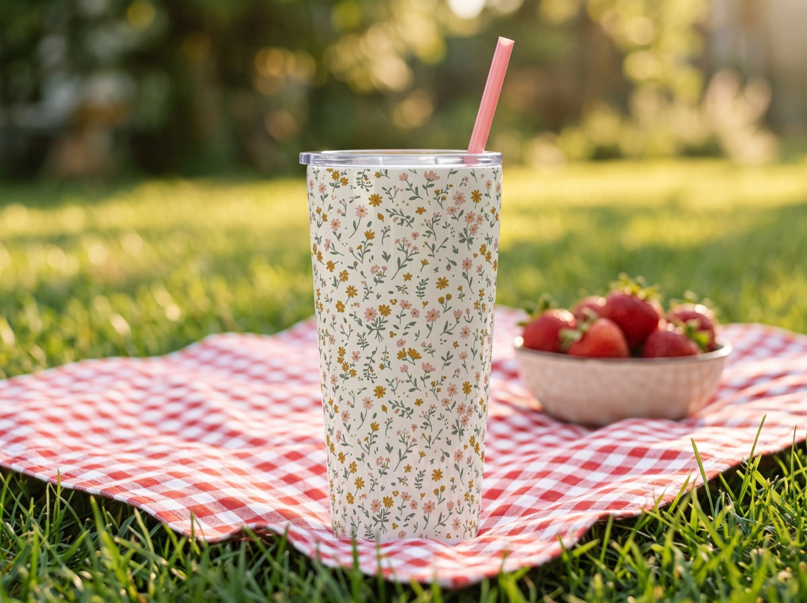 20 oz Tapered Tumbler on a Gingham Picnic Blanket showing a ditsy wildflower pattern