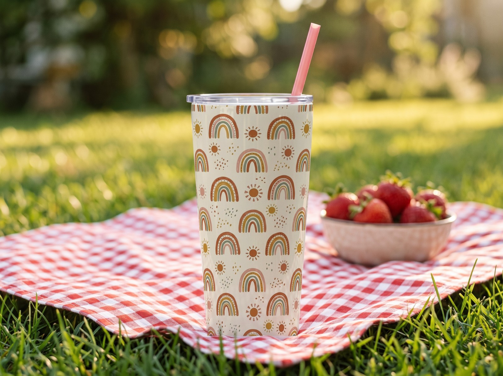 20 oz Tapered Tumbler on a Gingham Picnic Blanket showing a boho rainbow pattern