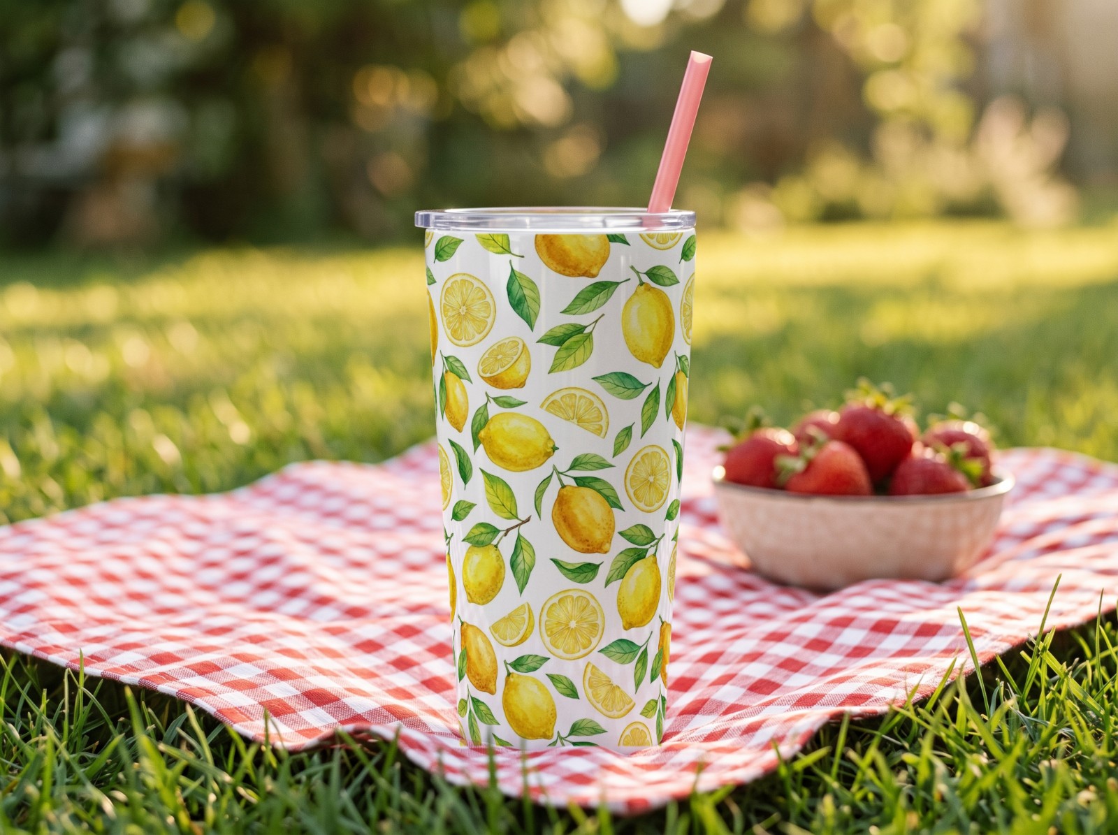 20 oz Tapered Tumbler on a Gingham Picnic Blanket showing a watercolour lemon pattern