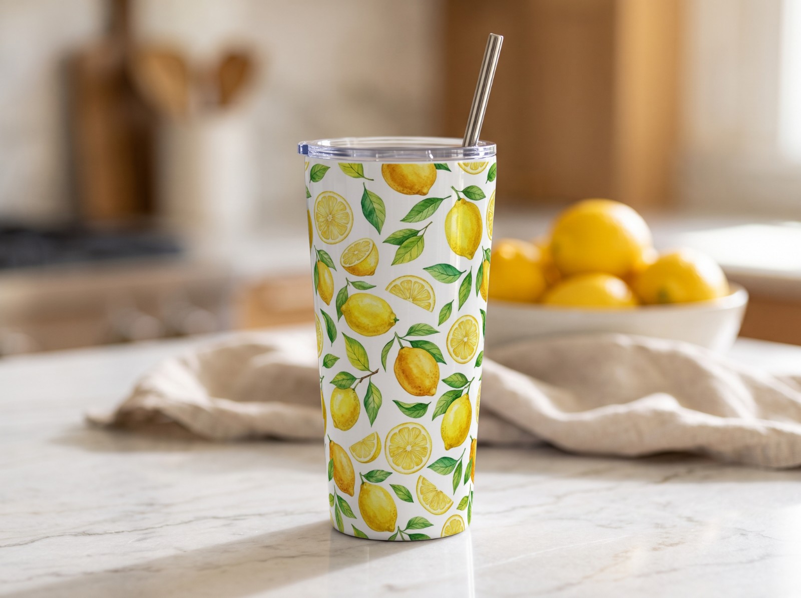20 oz Tapered Tumbler on a Marble Kitchen Counter with Lemons showing a watercolour lemon pattern