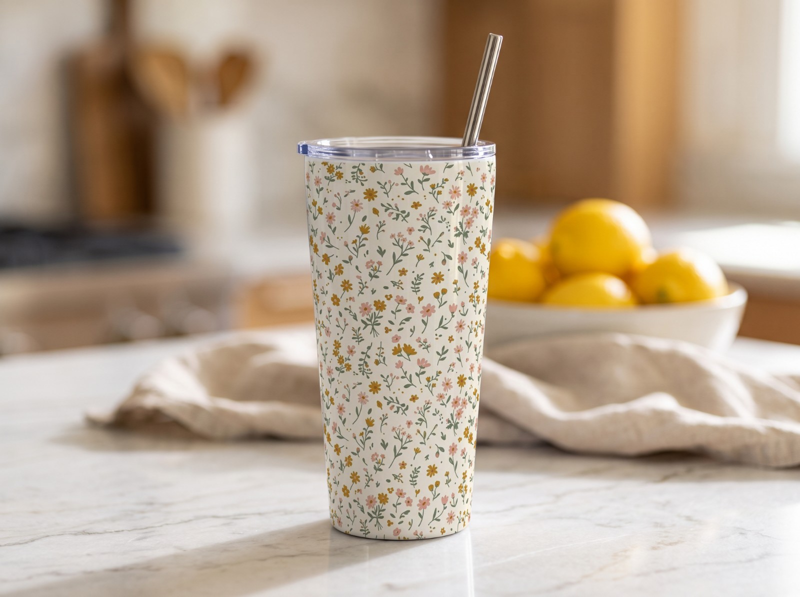 20 oz Tapered Tumbler on a Marble Kitchen Counter with Lemons showing a ditsy wildflower pattern
