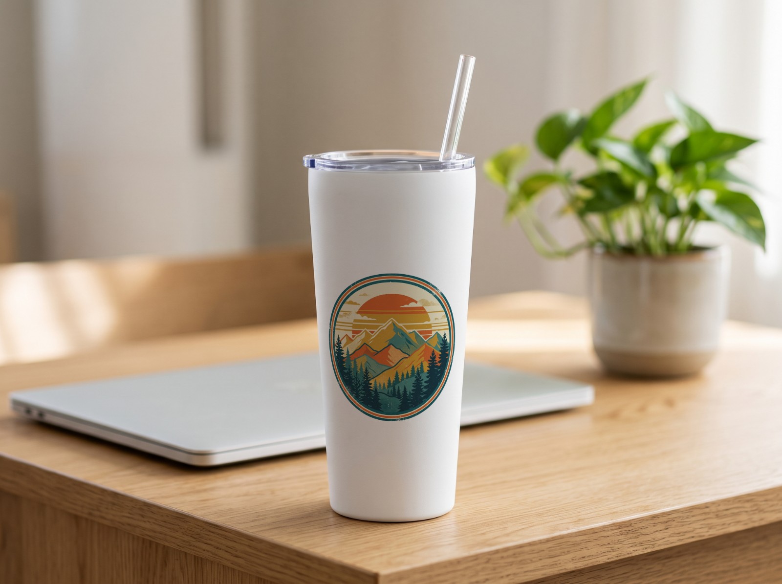 20 oz Tapered Tumbler on an Oak Desk with a Plant showing a retro mountain sunset badge