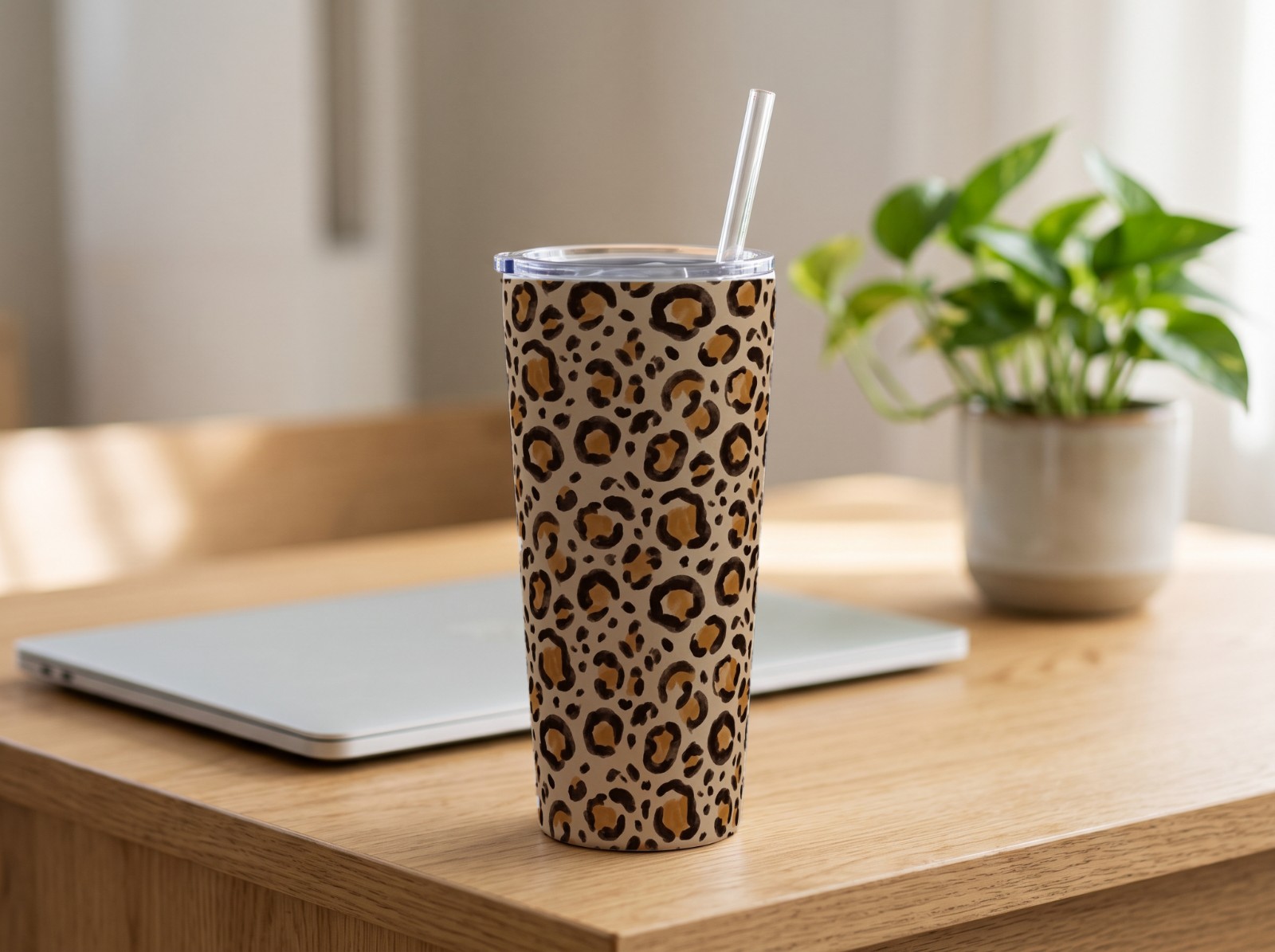 20 oz Tapered Tumbler on an Oak Desk with a Plant showing a neutral leopard print