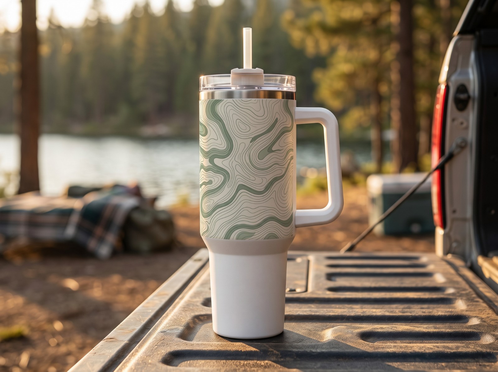 40 oz Tumbler with Handle at a Lakeside Campsite showing a sage topographic map pattern