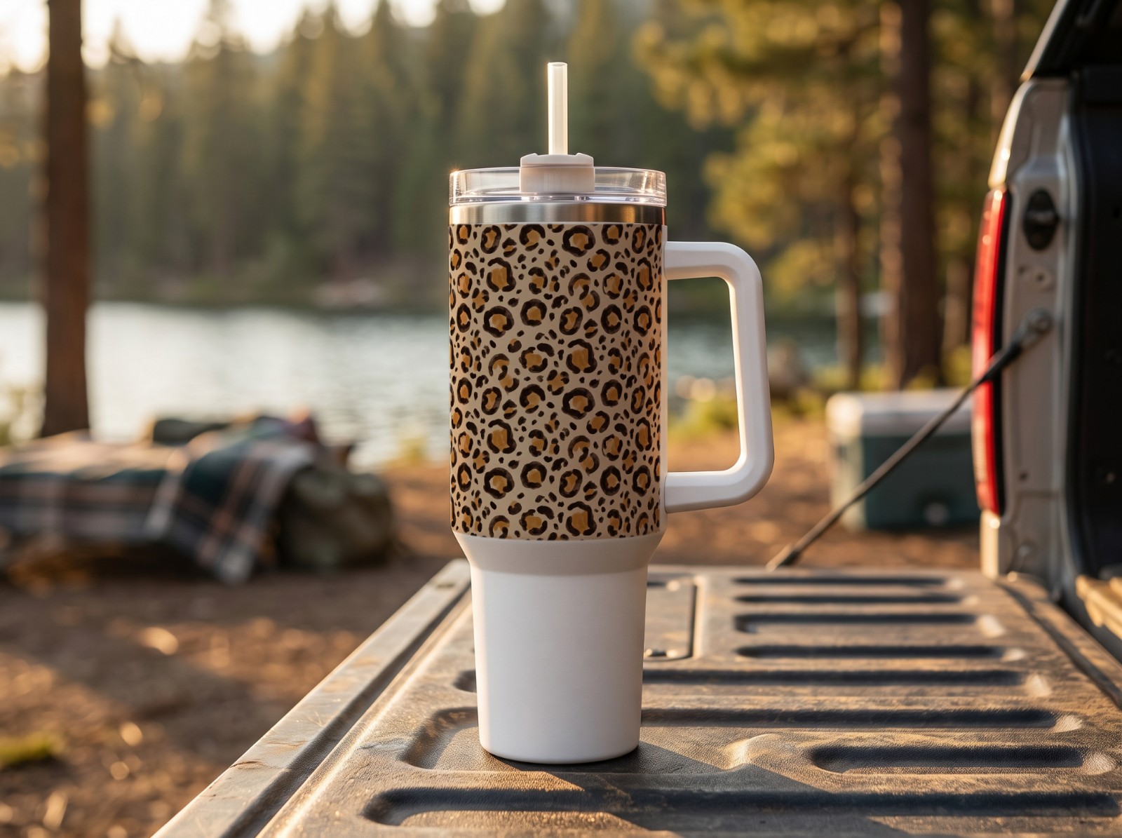 40 oz Tumbler with Handle at a Lakeside Campsite showing a neutral leopard print