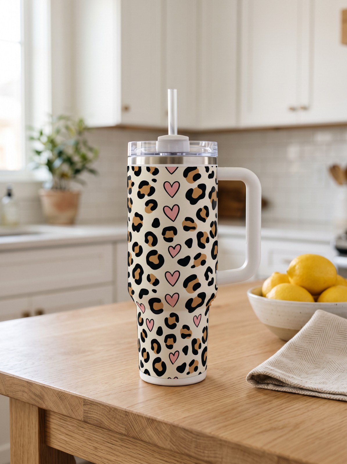 40 oz Tumbler with Handle in a Bright Kitchen showing a leopard print wrap with hearts