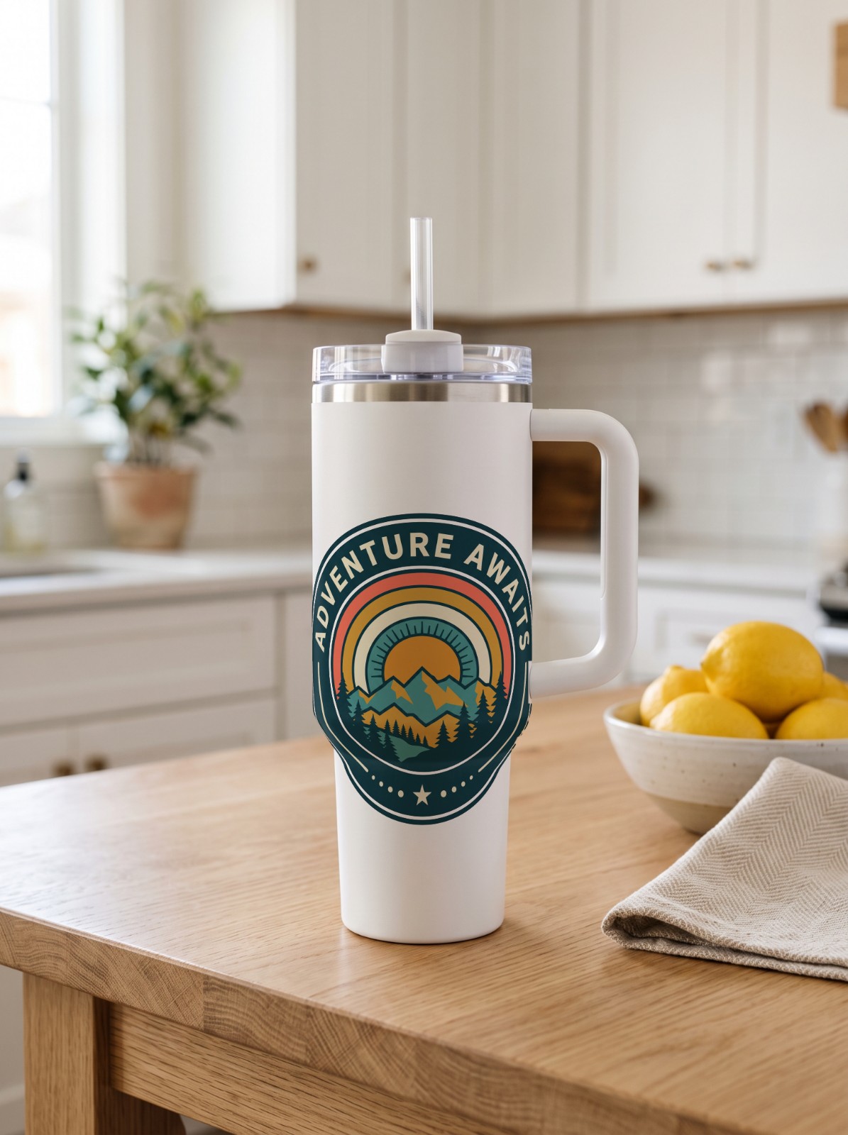 40 oz Tumbler with Handle in a Bright Kitchen showing an Adventure Awaits badge