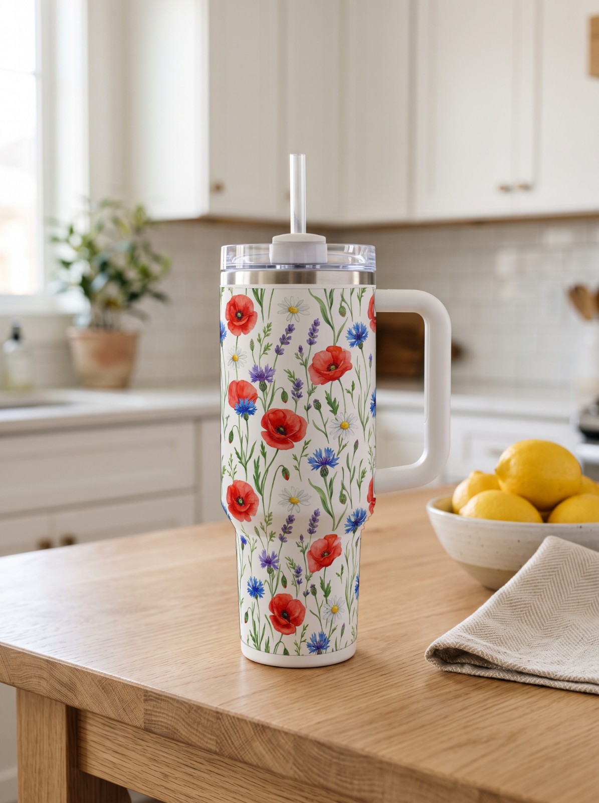 40 oz Tumbler with Handle in a Bright Kitchen showing a watercolor wildflower wrap