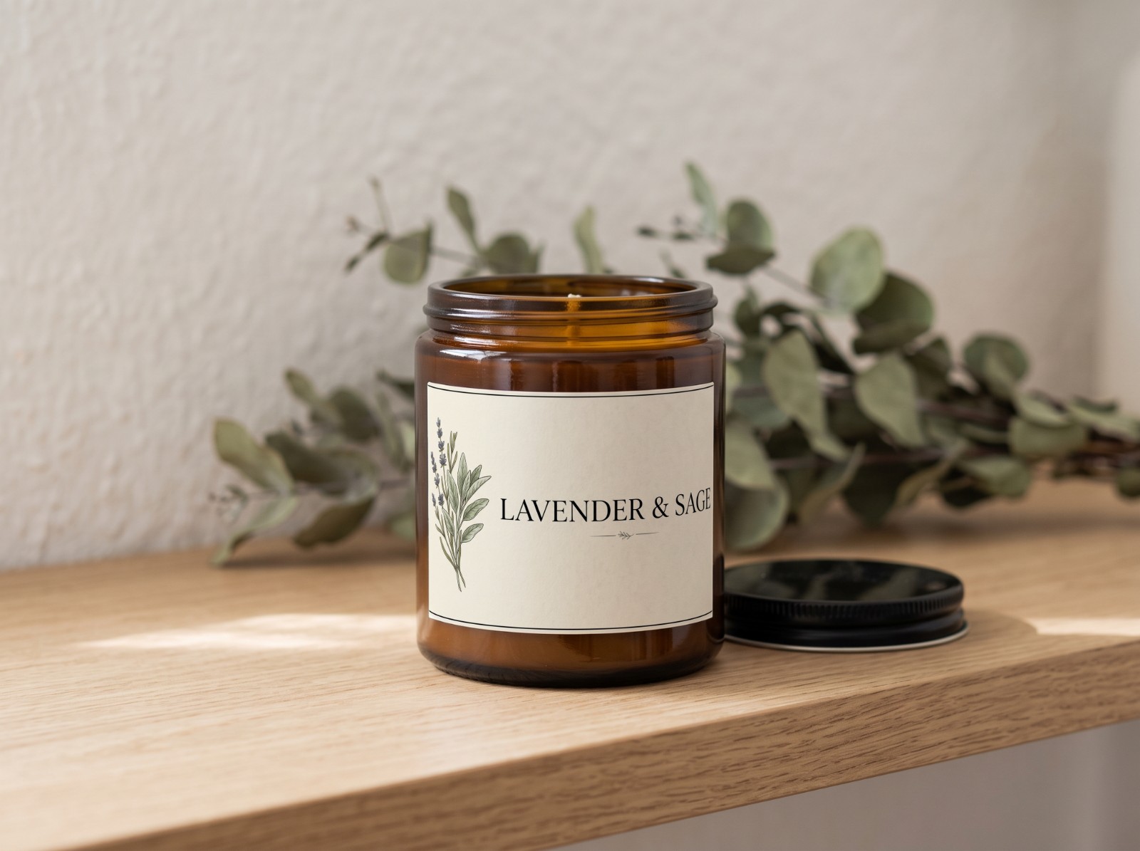 Amber Candle Jar Label Mockup on an Oak Shelf example