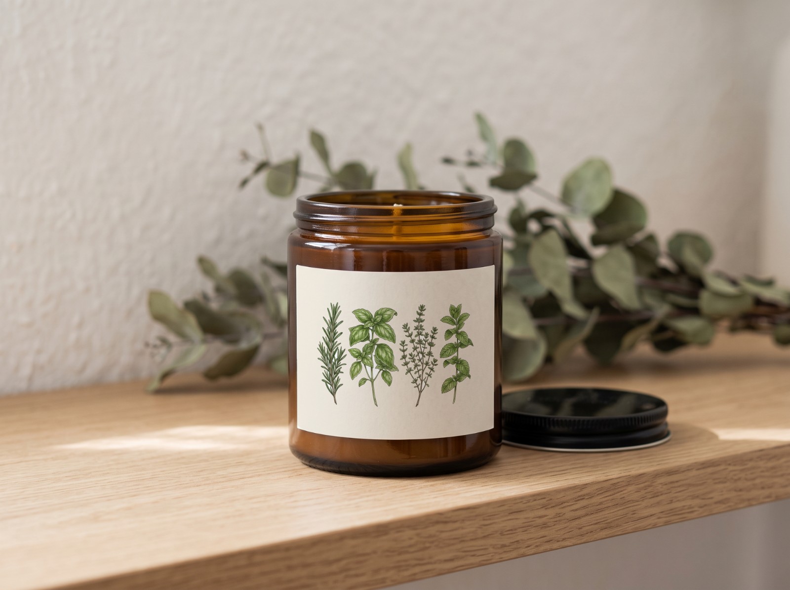 Amber Candle Jar Label on an Oak Shelf showing a kitchen herbs illustration