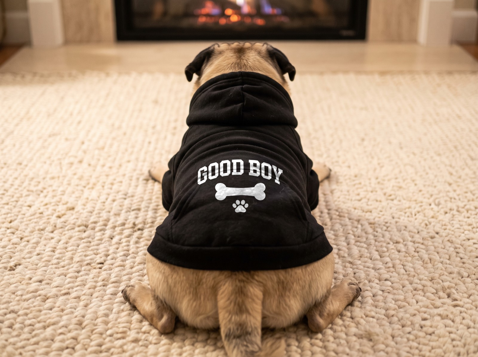 Black Dog Hoodie Mockup on a Pug by the Fireplace example