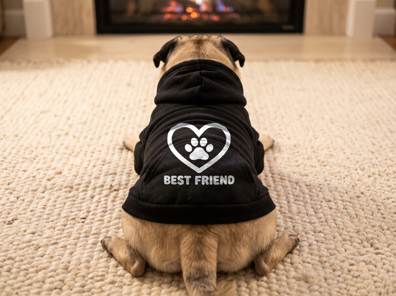 Black Dog Hoodie on a Pug by the Fireplace showing a white-ink Best Friend paw heart design