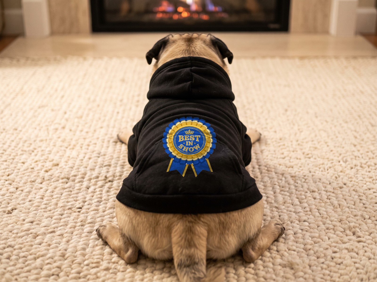 Black Dog Hoodie on a Pug by the Fireplace showing a Best in Show rosette badge