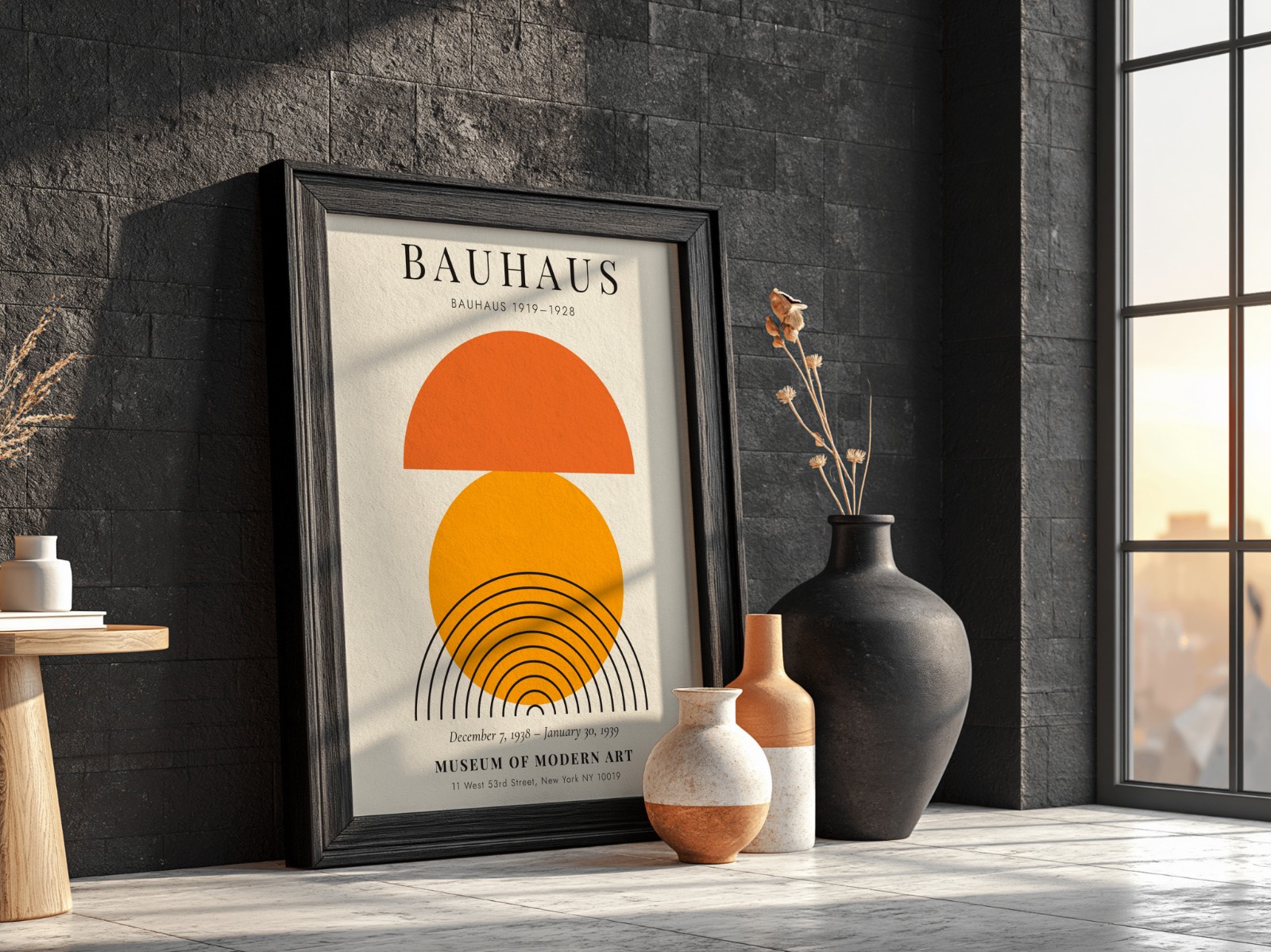 Black Frame on Black Brick Wall Loft showing a Bauhaus sun print