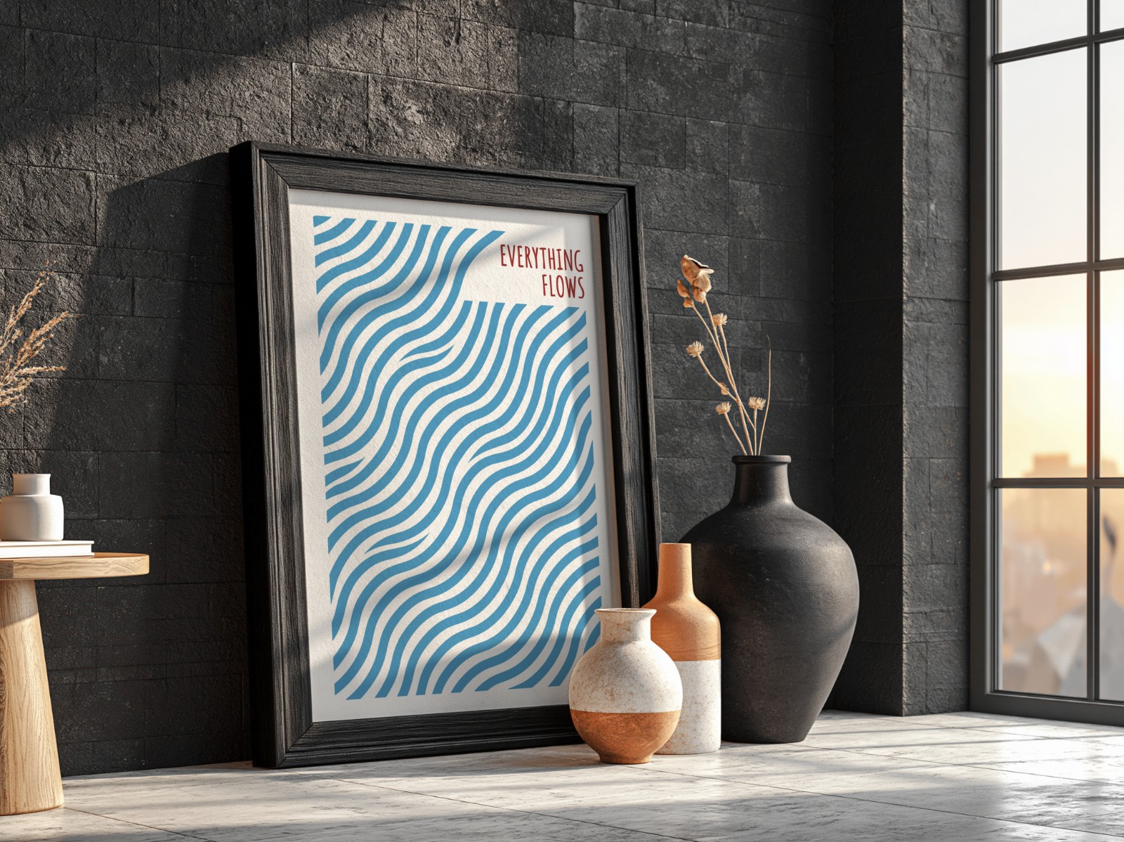 Black Frame on Black Brick Wall Loft showing an Everything Flows wave print
