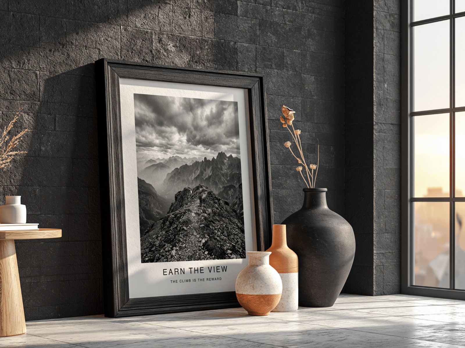 Black Frame on Black Brick Wall Loft showing a black and white mountain print